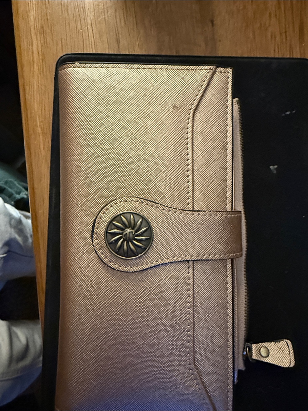 Metallic Rose Gold Clutch Wallet with Decorative Snap